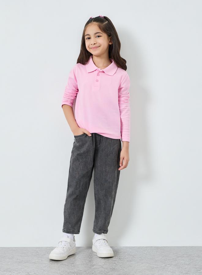Styli Girls Pink Cotton Long Sleeve Polo T-Shirt - Image 2